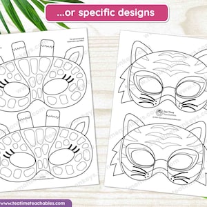 K&ouml;nnte beinhalten: Zwei Bl&auml;tter Papier mit schwarz-wei&szlig;en Tiermasken-Designs. Ein Blatt zeigt Giraffenmasken, das andere Tigermasken. Der Text "...or specific designs" steht oben. Die Website www.teatimeteachables.com befindet sich unten.