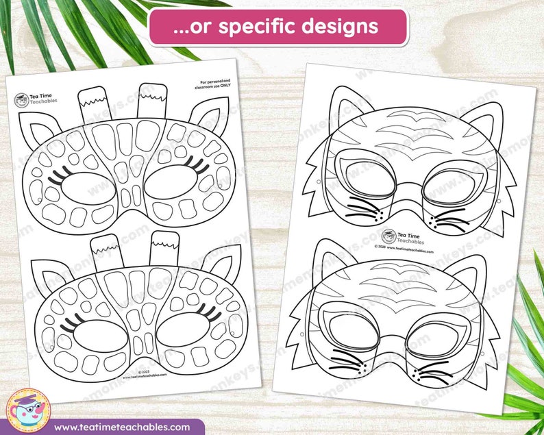 K&ouml;nnte beinhalten: Zwei Bl&auml;tter Papier mit schwarz-wei&szlig;en Tiermasken-Designs. Ein Blatt zeigt Giraffenmasken, das andere Tigermasken. Der Text "...or specific designs" steht oben. Die Website www.teatimeteachables.com befindet sich unten.