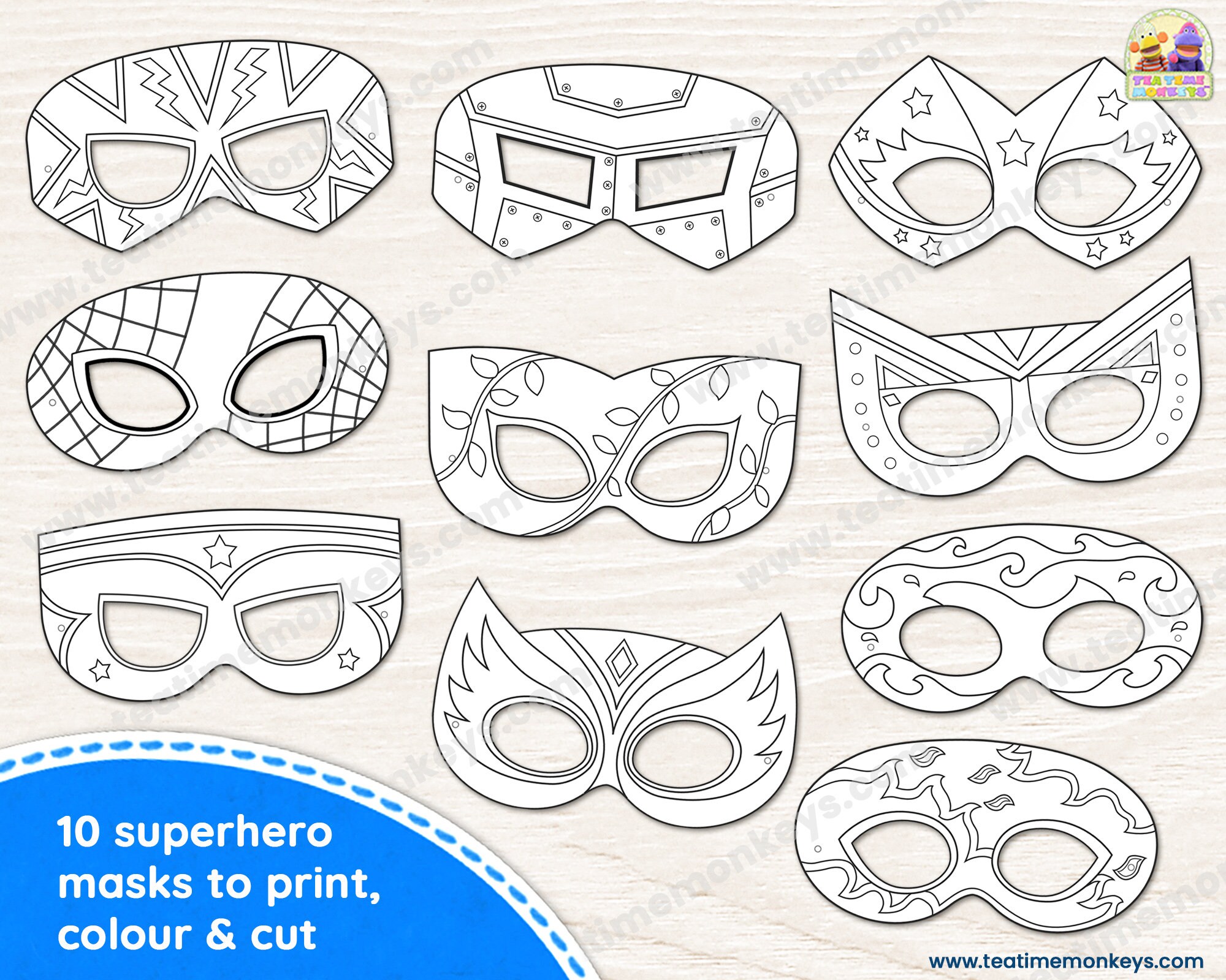 SUPERHEROES Masks for Kids TEN Printable Masks and Wristbands to Color ...