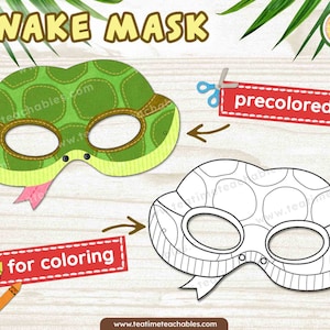 Puede incluir: Máscara de serpiente imprimible para niños. Incluye una versión pre-coloreada y una versión en blanco y negro para colorear.