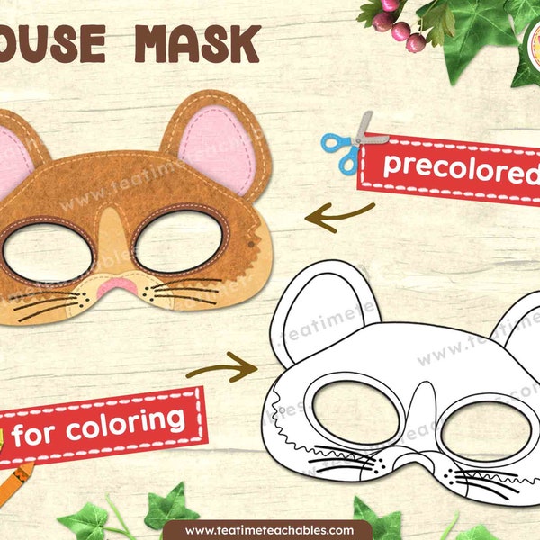MOUSE Mask: Precolored and For Coloring - Printable Mask for Kids - PDF | Forest Animal Mask | Woodland Animal Mask