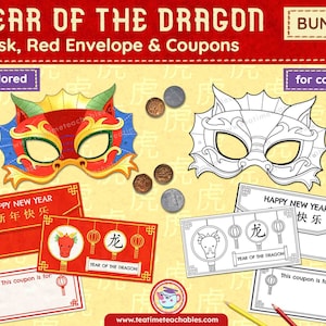 PACCHETTO artigianale Anno del drago: maschera stampabile e busta rossa fortunata con coupon / PDF / Artigianato per il Capodanno cinese / Maschera del drago