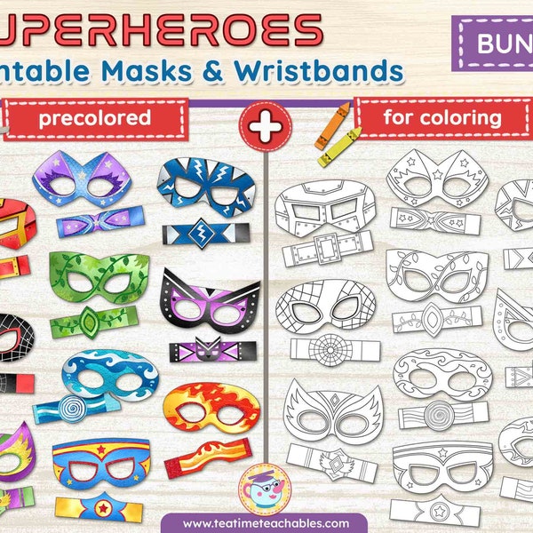 SUPERHEROES Masks for Kids Bundle - 20 Printable Masks: Precolored + For Coloring - PDF | Superhero Costume for Kids | Halloween Costume