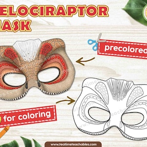 Printable Velociraptor Mask: Precolored & Coloring Dinosaur Craft (PDF)