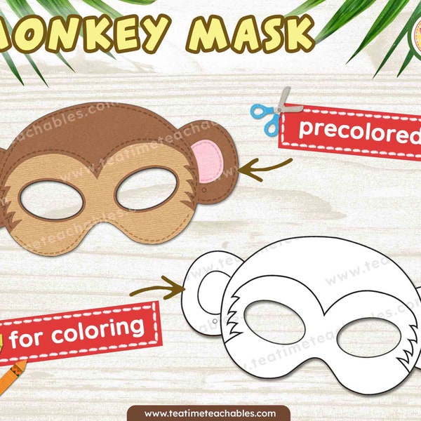 Masque SINGE : en couleur et à colorier - Masque animaux de la jungle à imprimer pour enfants - PDF | Artisanat d'animaux de la jungle | Déguisement animaux de la jungle