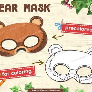 Maschera ORSO: precolorata e da colorare - Maschera stampabile per bambini - PDF / Maschera di animali della foresta / Artigianato con animali del bosco
