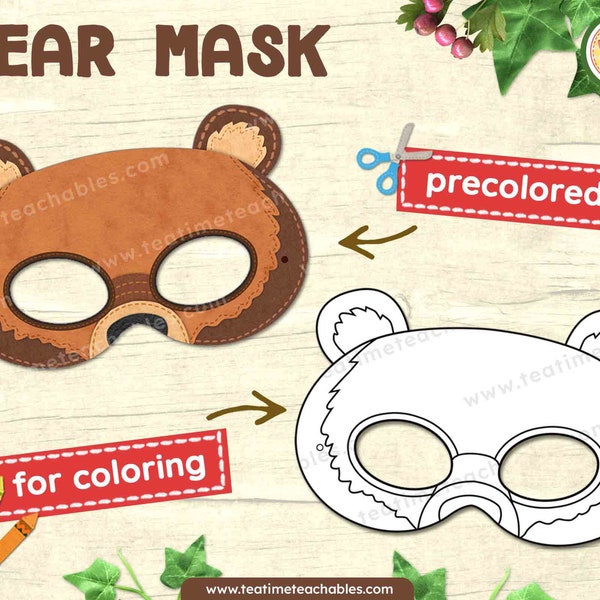 BEAR Mask: Precolored and For Coloring - Printable Mask for Kids - PDF | Forest Animal Mask | Woodland Animal Craft