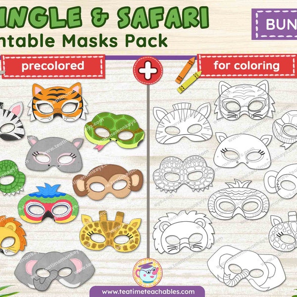 JUNGLE ANIMALS Masks Bundle | Precolored + For Coloring |  20 Printable Masks | PDF | Safari Animals