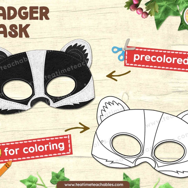 BADGER Mask: Precolored and For Coloring - Printable Mask for Kids - PDF | Forest Animal Mask | Woodland Animal Mask