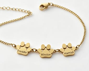 Personalized Gold Paw Print Bracelet, Engraved Pet Name, Memorial Keepsake