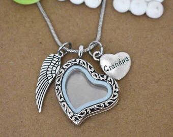 Loss of Grandpa, Glass Heart Locket Hair Ashes Photo Keepsake, Grandpa loss Necklace, Grandpa Memorial Necklace, Sympathy Jewelry Gift