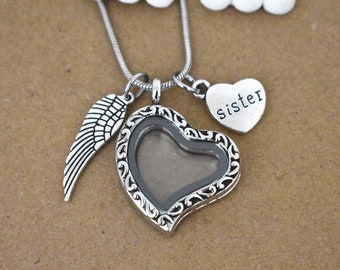 Loss of Sister, Floating Glass Hair Locket, Living Glass Photo Locket, Sister loss Necklace, Sister Memorial Necklace, Sympathy Jewelry Gift