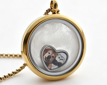 Gold Pet Memorial Locket Necklace | Custom Photo Charm Included, Add Your Own Pet Hair