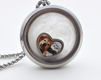 Round Pet Memorial Locket Necklace | Custom Portrait Charm Included, Add Your Own Pet Hair