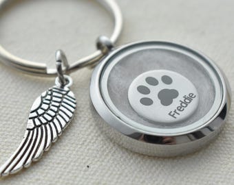 Custom Pet Memorial Locket Keychain, Engraved Paw Print, Angel Wing Charm (Add Pet Hair)