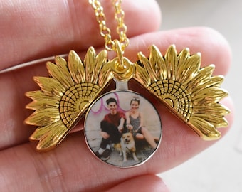 Custom Couple Lovers Sunflower Locket Necklace With Photo, Boyfriend Girlfriend Picture Necklace, You Are My Sunshine, Christmas gift