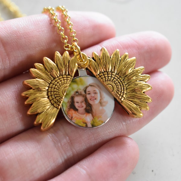 Custom Mother Daughter Picture Necklace, Sunflower Locket Necklace With Photo, Mother Necklace, You Are My Sunshine, Christmas gift