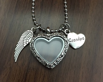 Loss of Grandpa, Glass Heart Locket Hair Ashes Photo Keepsake, Grandpa loss Necklace, Grandpa Memorial Necklace, Sympathy Jewelry Gift