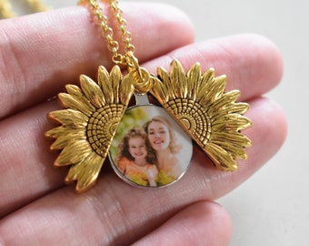 Custom Photo Locket Necklace: Sunflower Mother Daughter Gift