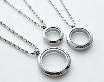 Clear Glass Floating Locket Necklace: Stainless Steel Photo Hair Memorial Gift