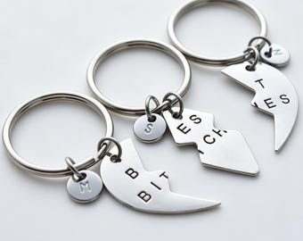 3 Good Friends Heart Keychain Set, Personalized BFF Keyrings, Initial Charms, Friendship Gift