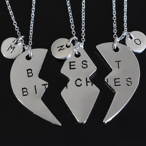 Silver 3 Heart Puzzle Necklaces, Best Bitches Necklaces, set of 3 BFF Necklacs With Initials, Best Friends Necklace for 3, Girls Gift