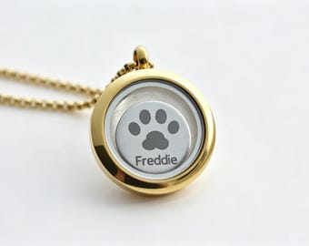 Gold Pet Memorial Hair Locket Necklace: Custom Pet Name Paw Print Fur Keepsake Jewelry