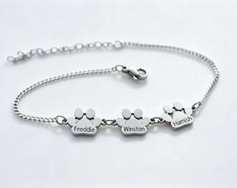 Personalized Stainless Steel Paw Print Bracelet, Engraved Pet Name Memorial Keepsake