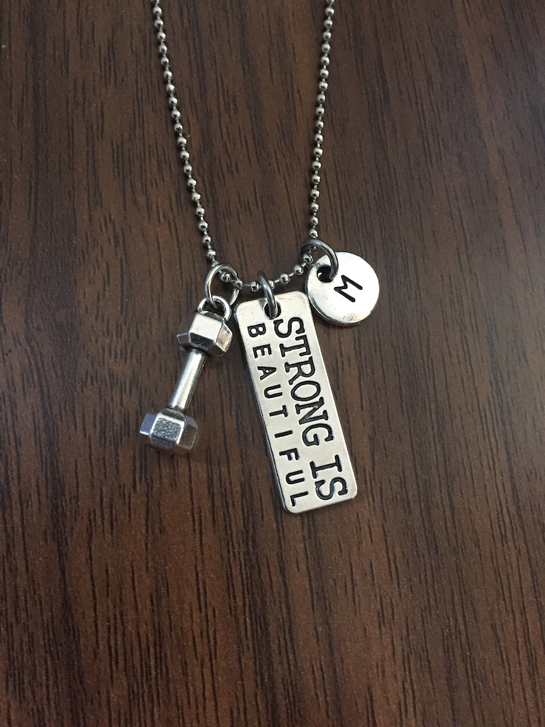 Personalized Dumbbell workout necklace. Strong is beautiful image 1