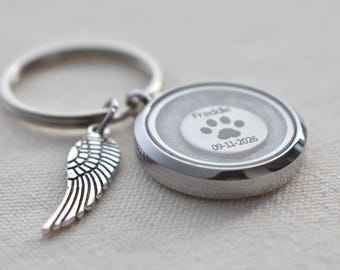 Personalized Pet Memorial Locket Keychain, Engraved Paw Print, Angel Wing Charm (Add Pet Hair)