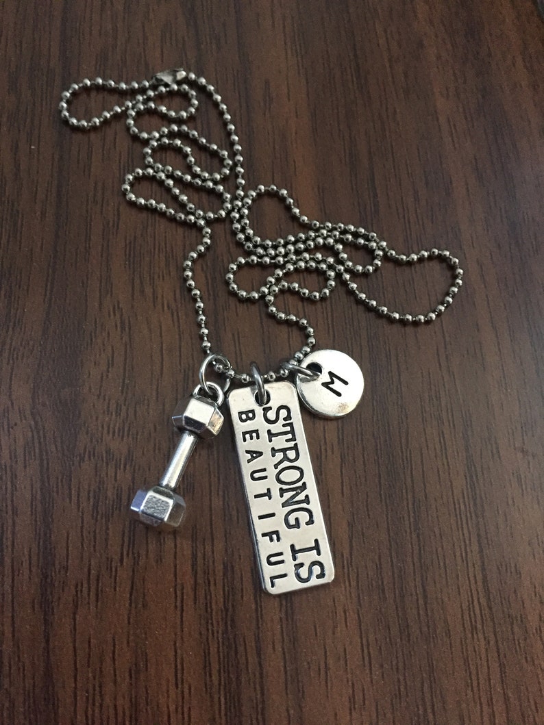 Personalized Dumbbell workout necklace. Strong is beautiful image 2