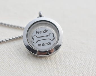 Custom Dog Memorial Locket Necklace, Engraved Name & Date, Glass Keepsake Jewelry