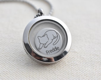 Personalized Cat Memorial Locket Necklace, Engraved Name, Fur Keepsake Jewelry
