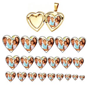 May include: A gold-toned heart-shaped locket pendant shown open, revealing a photograph of a family of four inside the right side. Below the locket are multiple rows of heart-shaped photo inserts in varying sizes, all featuring the same family.