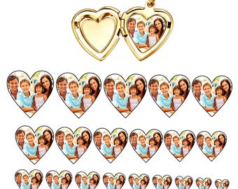 May include: A gold-toned heart-shaped locket pendant shown open, revealing a photograph of a family of four inside the right side. Below the locket are multiple rows of heart-shaped photo inserts in varying sizes, all featuring the same family.
