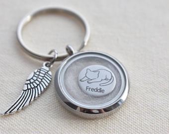 Personalized Cat Memorial Locket Keychain, Engraved Name, Pet Fur Keepsake (30mm)