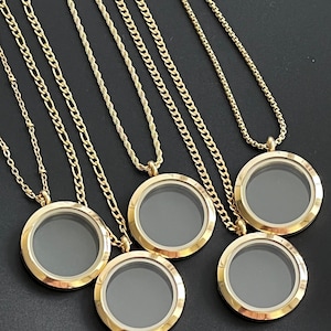 Large Gold Floating Locket Necklace, 30mm Living Glass Locket Keepsake Necklace, Lock of hair, Glass Memorial Locket Necklace