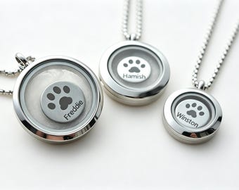 Silver Pet Memorial Hair Locket Necklace: Custom Pet Name Paw Print Fur Keepsake Jewelry