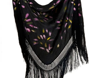 Black shawl, hand-painted in strokes of various colors "Fiesta"