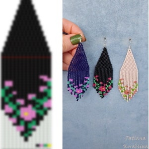 May include: Three pairs of beaded earrings with a floral design. The earrings are in navy blue, black, and pink.