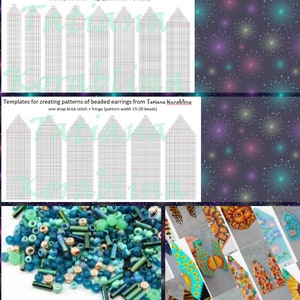 May include: Two templates for creating patterns of beaded earrings from Tatiana Korablina. The templates are grids with lines for bead placement. The first template is for earrings with a fringe pattern width of 7-14 beads. The second template is for earrings with a fringe pattern width of 15-20 beads.