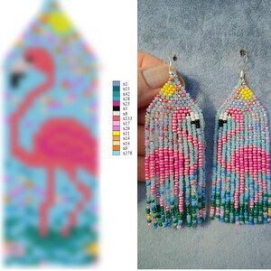 May include: A pair of pink flamingo earrings with blue, green, and yellow beads. The earrings are made with seed beads and have a fringe design.