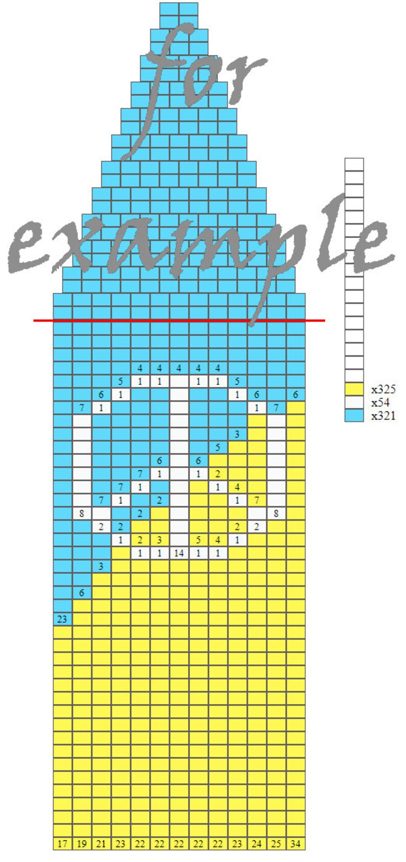 May include: A grid-based chart with blue, yellow, and white squares, with the words "for" and "example" in grey script. The chart contains numbers and a key showing colour codes. Measurements are not applicable.