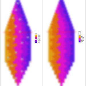 May include: Two abstract, blurred images side-by-side. Each image is a vertical, diamond-shaped design with color gradients. The colors include orange, pink, and purple. Each image has a legend with color codes.