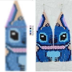 May include: Handmade beaded earrings with a blue cartoon character design. The earrings have a fringe at the bottom and are made with various shades of blue, black, pink, and beige beads. The earrings are displayed against a white backdrop.