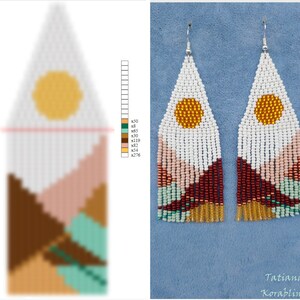 May include: A pair of white beaded earrings with a geometric design featuring a yellow sun, brown mountains, and green and pink accents. The earrings are approximately 5 inches long.