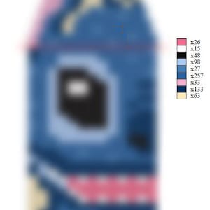 May include: A pixelated image of a blue cartoon character with large black eyes, a pink nose, and a wide smile. The character's ears are pink, and the top of its head is beige. The image is in a vertical, house-like shape.