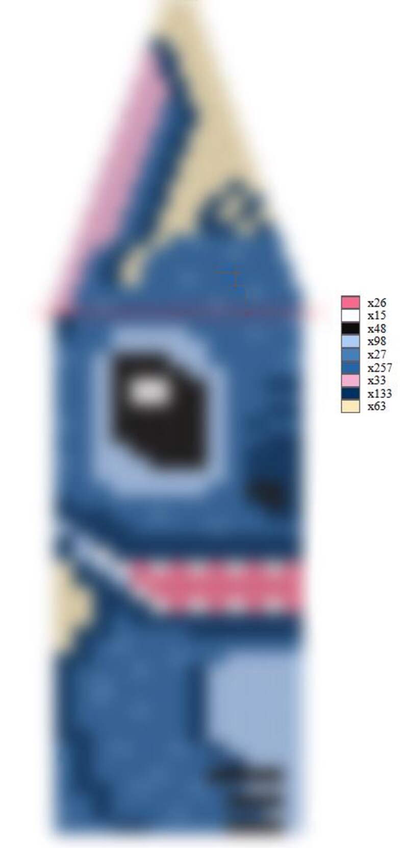 May include: A pixelated image of a blue cartoon character with large black eyes, a pink nose, and a wide smile. The character's ears are pink, and the top of its head is beige. The image is in a vertical, house-like shape.