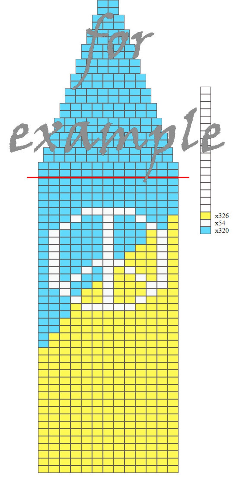 May include: A diagram made of small squares in shades of blue and yellow, with white accents. The word "for" is written above the diagram, and the word "example" is written across it. A legend on the right indicates colour codes.