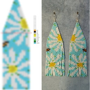 May include: A pair of long, beaded earrings with a daisy design. The earrings are made with white, blue, yellow, and green beads. Each earring features a small bee charm.